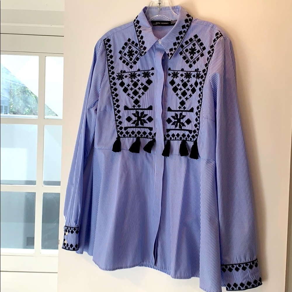 Striped white and blue embroidered blouse